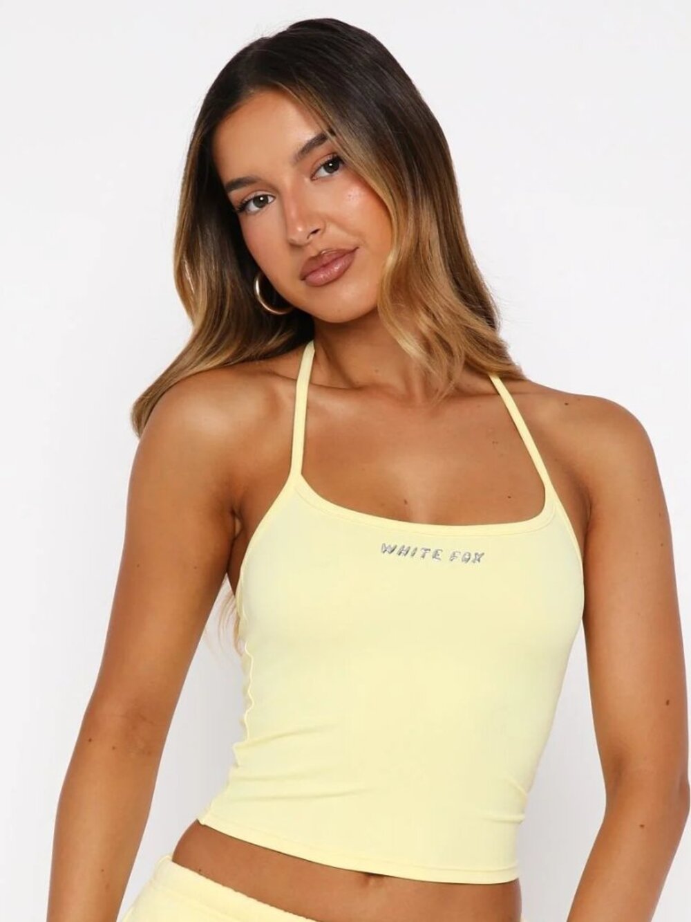 WHITE FOX Test Drive Halter Top Women's S Lemon Yellow Metallic Puff Print NWT